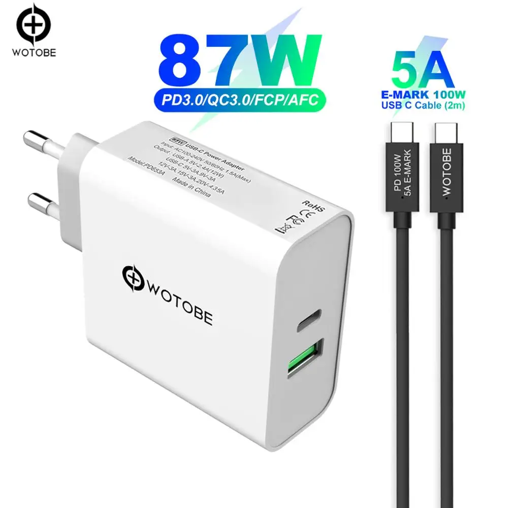 2 порта 87 Вт USB C адаптер питания PD87W QC3.0 12 Настенный чейнджер для Mate MacBookPro 8/X/11 Pro XPS X1