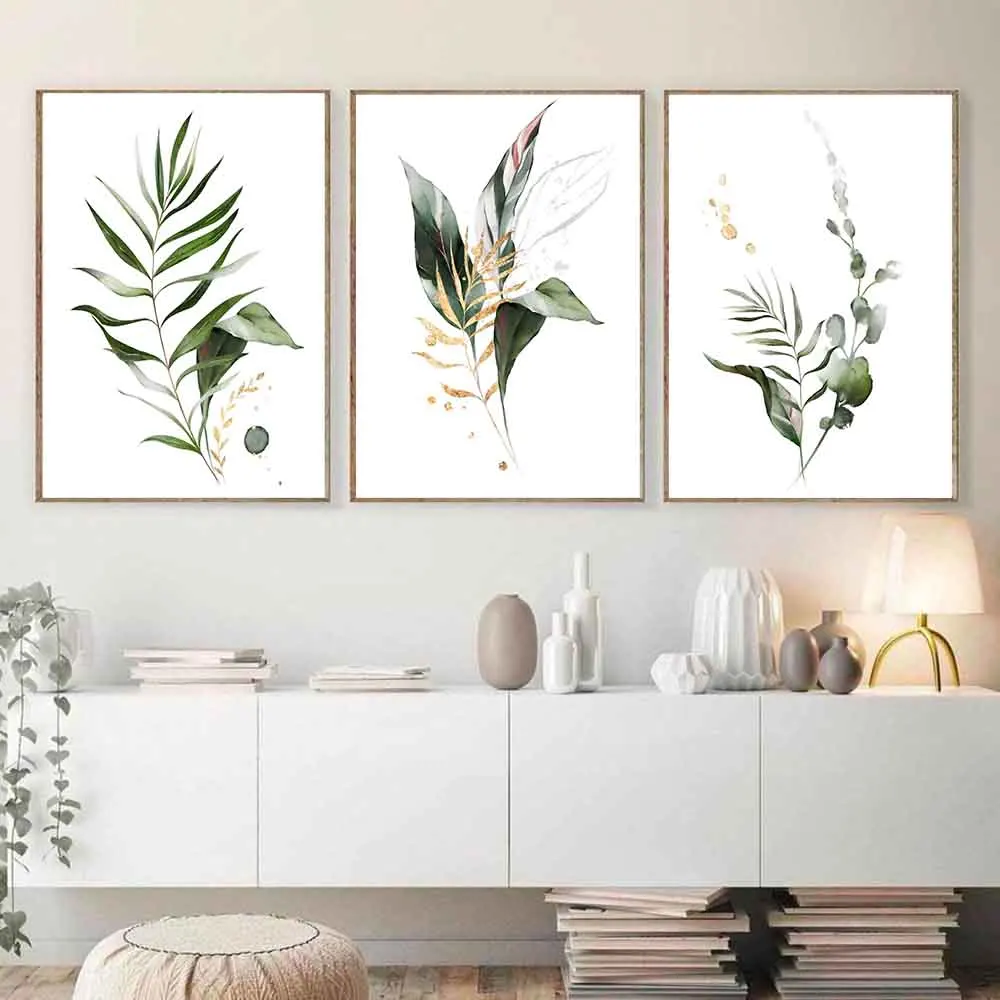 

Bohemia Gold Green Leaves Watercolor Nordic Posters Canvas Painting Wall Art Prints Picture for Living Room Interior Home Decor