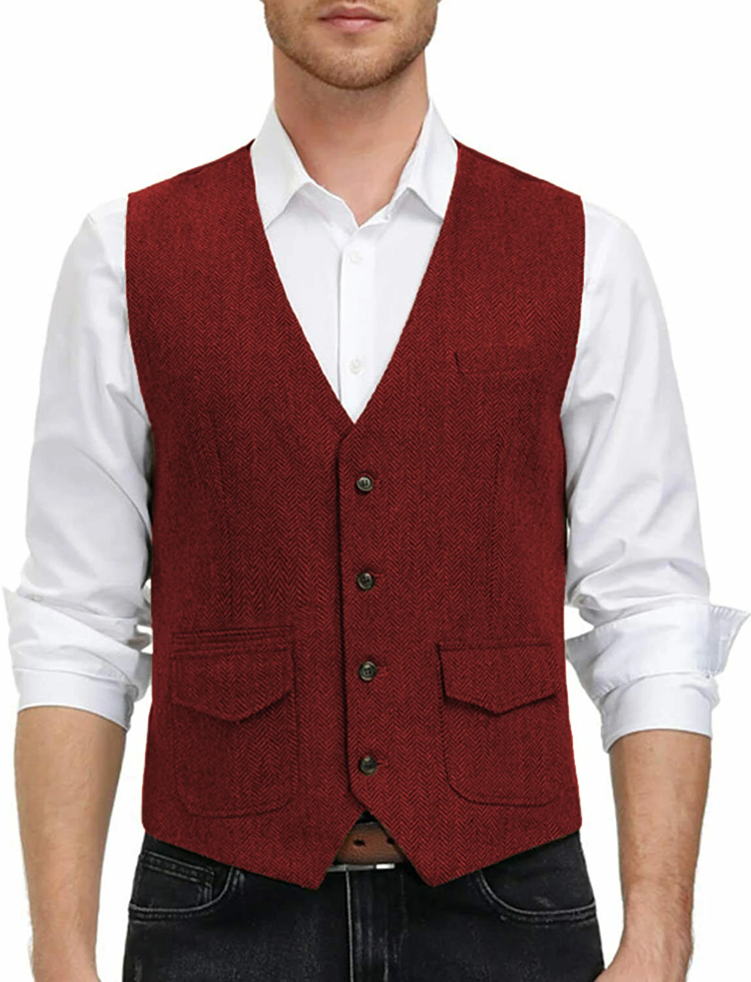 Men's Vest Brown Wool Herringbone V Neck Two Pockets Black Waistcoat Casual Formal Business Groomman For Wedding Dress 2021 | Мужская