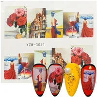 2021 new designs full wrap nail sticker slider floral red wine girl urban lady fashion show retro style water transfer decal