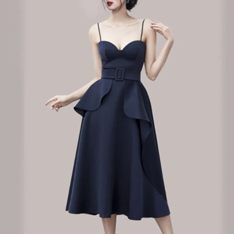 

ZAWFL 2021 Women Sexy Spaghetti Strap Dresses Summer Female V Neck Sleeveless High Waist Dress Ladys Sash Tie Up Dress