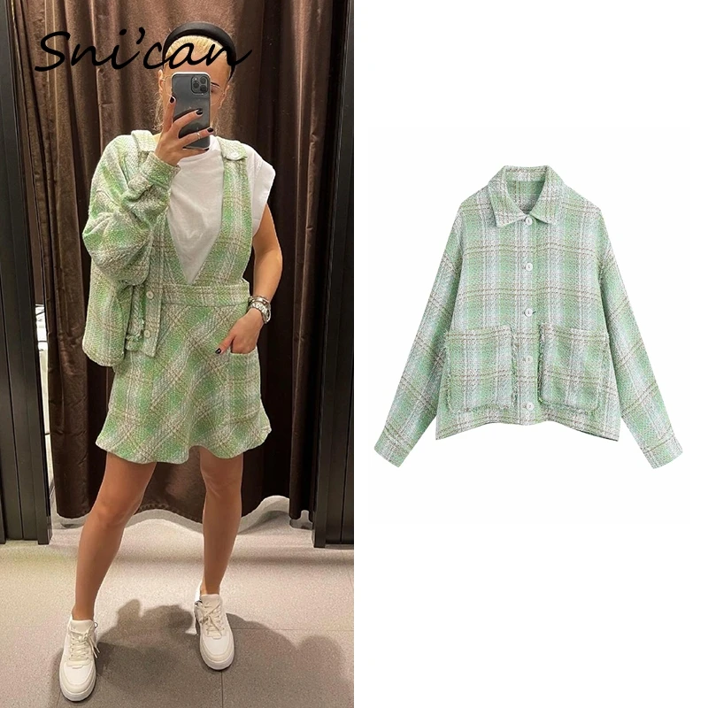 

Женский твидовый пиджак, в клетку, весенний, большого размера, в британском стиле