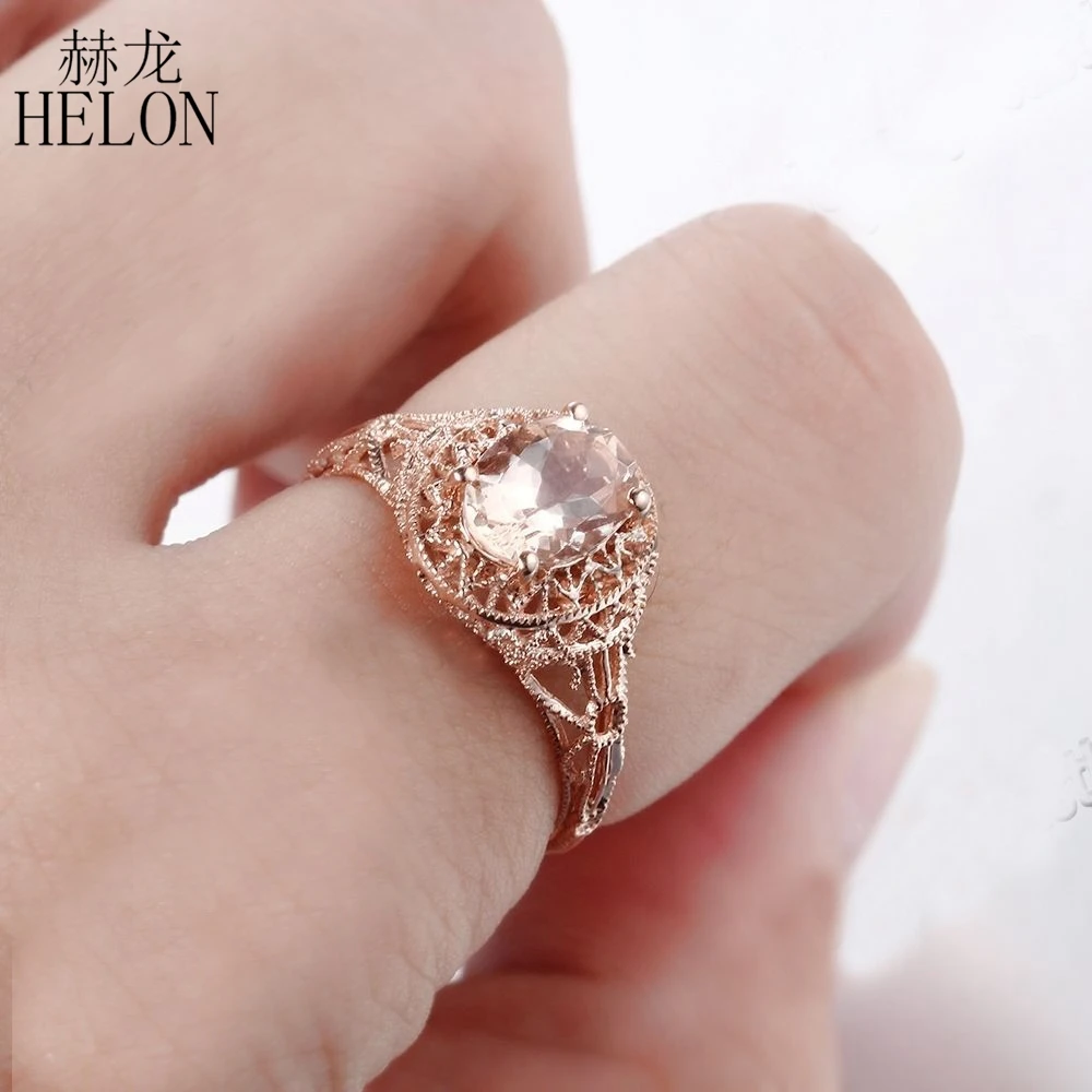 

HELON Sterling Silver 925 Flawless 8x6mm Oval Morganite Women Ring Vintage Fine Jewelry Gemstone Engagement Wedding Ring