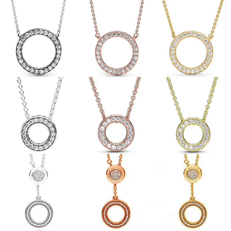 

925 Sterling Silver Accented Circular Hearts Of Collier Logo Signature Circle Necklace For Women Popular Bead Charm DIY Jewelry