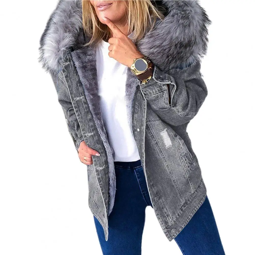 

Winter Women Long Sleeve Faux Fur Hood Plush Jacket Ripped Buttons Denim Coat