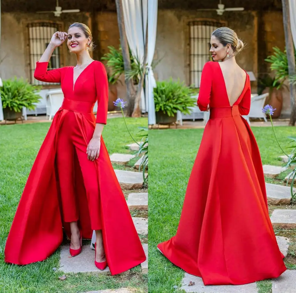 Женский вечерний комбинезон красный со съемной юбкой и V-образным вырезом платье