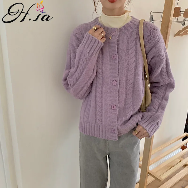 

H.SA Autumn Winter Sweater Tops Korean Style Long Sleeve 2021 New Twisted Solid Cardigans Single Breasted Knitted Cardigan Coat