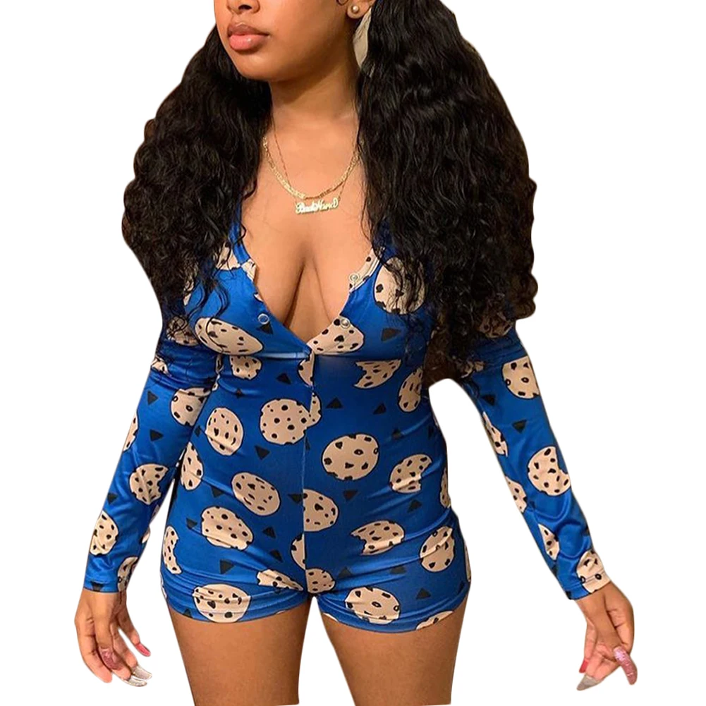 

Women Sexy V Neck Short Sleeve Bodycon Bodysuit Casual Printed Button Jumpsuit Shorts Romper Leotard For Summer