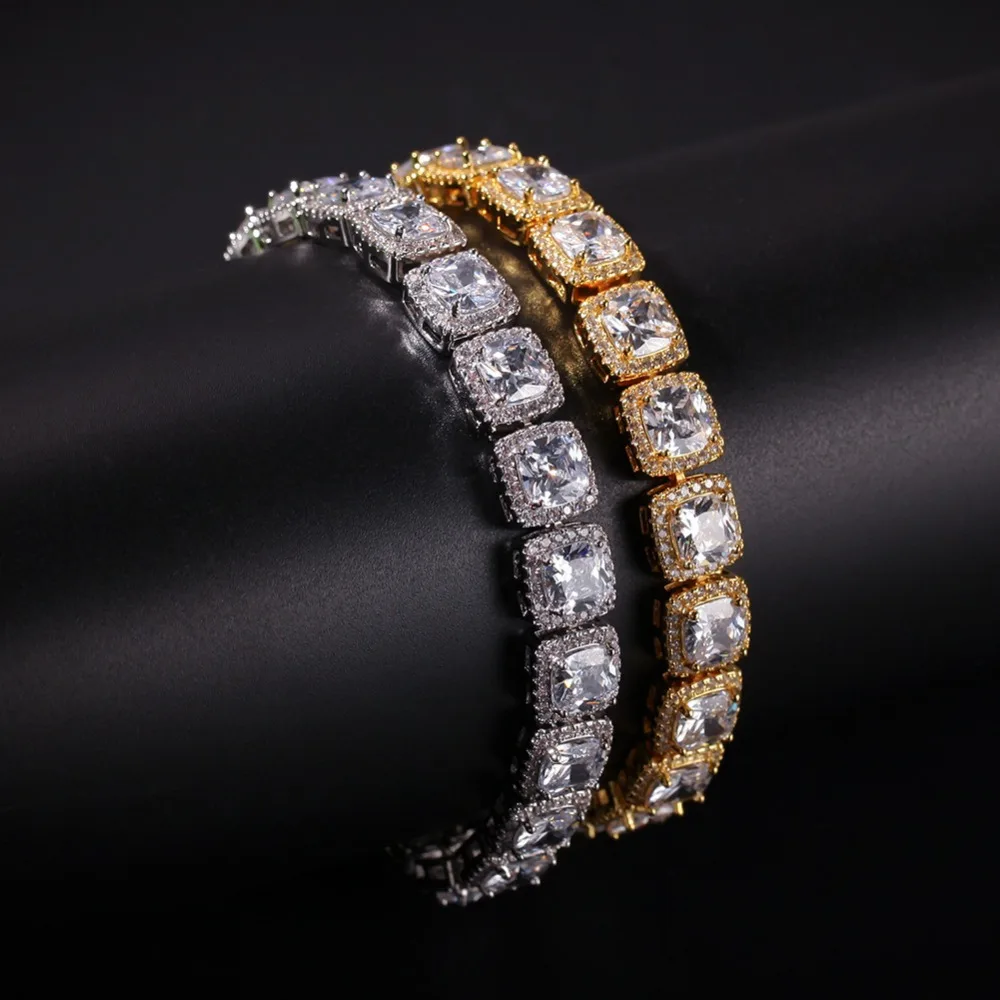 

10mm Bling Iced Out Cubic Zirconia Bracelet Men Women 1 Row Geometric Square CZ Stone Tennis Chain Bracelets Hip Hop Jewelry