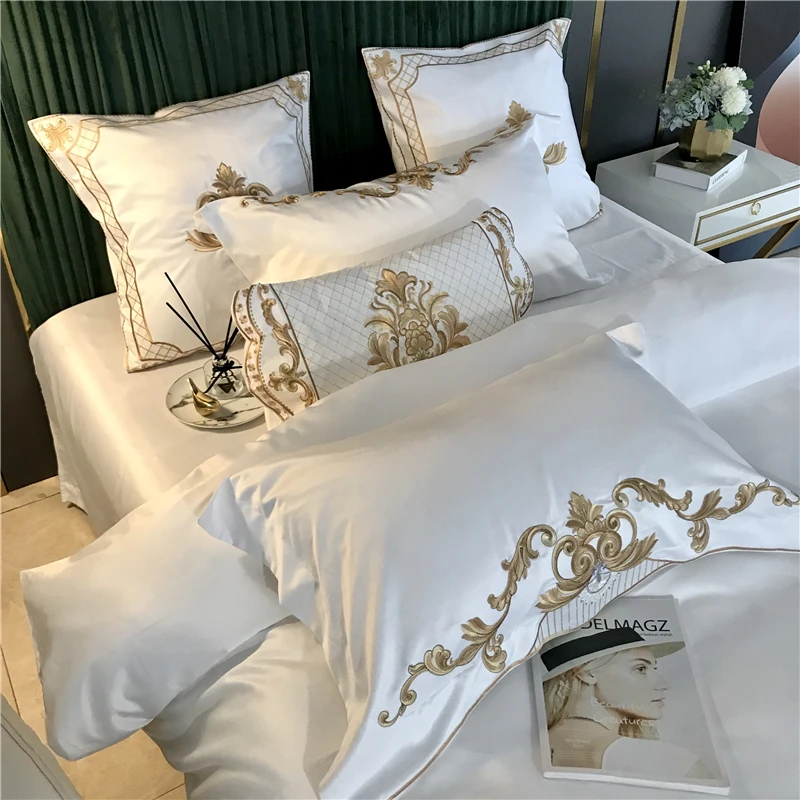 

New White Luxury European Royal Gold Embroidery 60S Satin Silk Cotton Bedding Set Duvet Cover Bed Linen Fitted Sheet Pillowcases