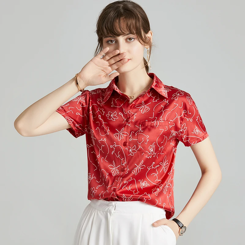 

100% Pure Silk Women's Runway Shirts Turn Down Collar Printed Short Sleeves Elegant Fashion Shirt Blouses