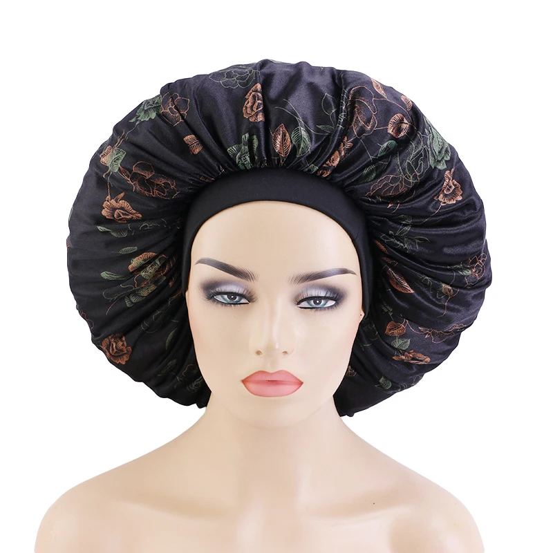 

New Exlarge Size Silky Fabric Print Bonnet With Elastic Band Soft Nightcap Women's Hair Accessories Smooth Hair Care Cap