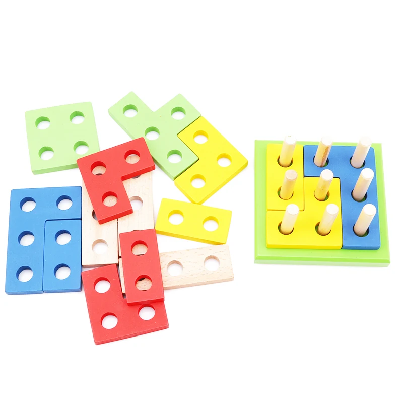 

New Assembled Kids Toys Wooden Building Colorful Geometric Shapes Building Blocks Kids Children Brain Teaser Intellectual Toys