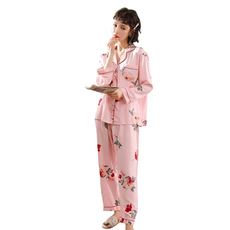 

Korean Cotton Silk Lapel Trousers Home Service Suit Ladies Spring and Autumn Thin Breathable Pajamas Loungewear Women Fashion