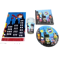 superhero theme tableware set kids boys favors plates cups birthday glass dishes baby shower party tablecloth napkins 61pcslot