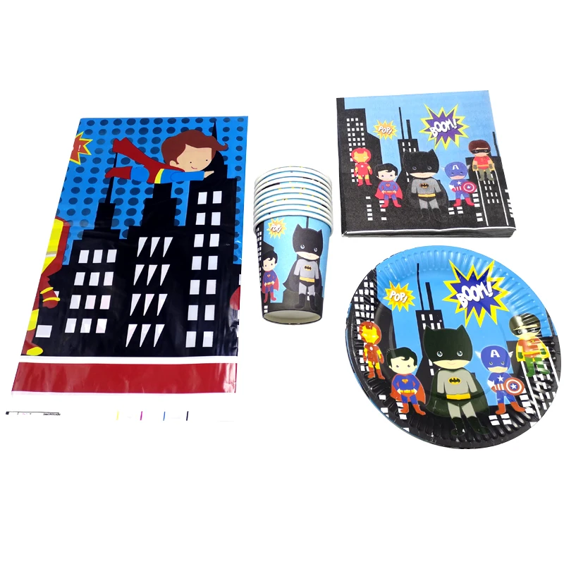 Juego de vajilla con tem&aacute;tica de Superh&eacute;roes para ni&ntilde;os, platos de recuerdo, tazas, platos de cristal de cumplea&ntilde;os, servilletas de Mantel para fiesta de Baby Shower, 61 unids/lote-0