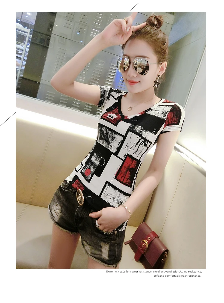 

European 2021 Summer New Fashion Printed T-Shirt Women's Short-Sleeved Tights All-Match Self Cultivation Half-Sleeved Collar