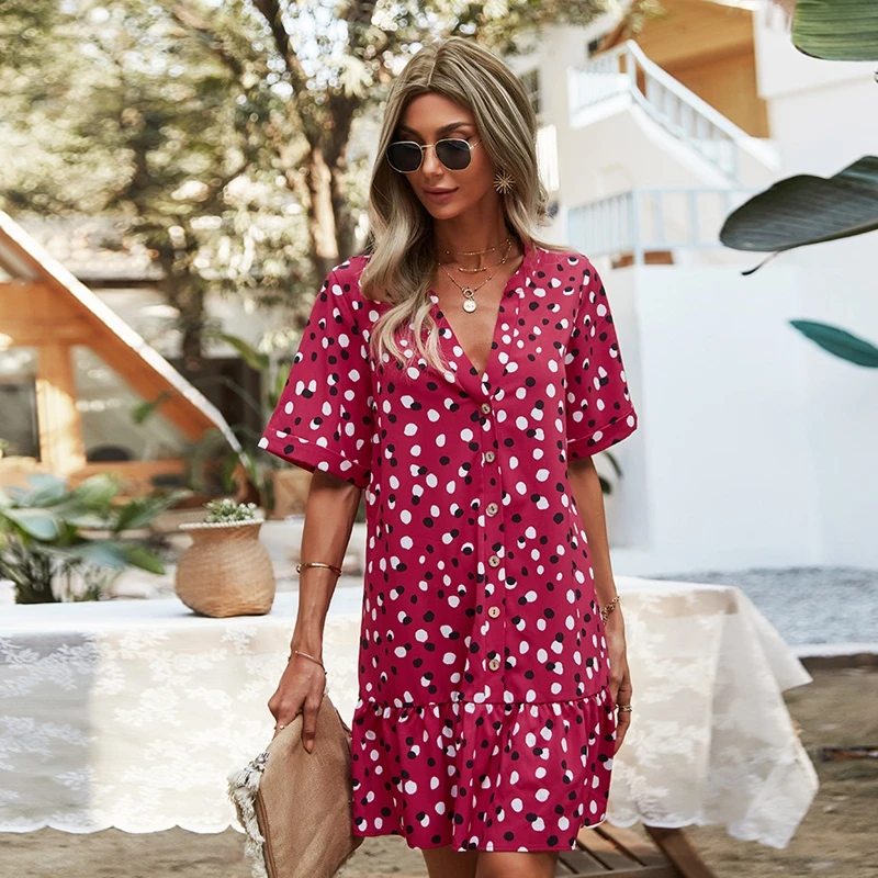 

Dot Print Casual 2021 New Fashion Sexy Vacation Style Summer Women's Dress Short Sleeve Loose V Neck Chic Dress