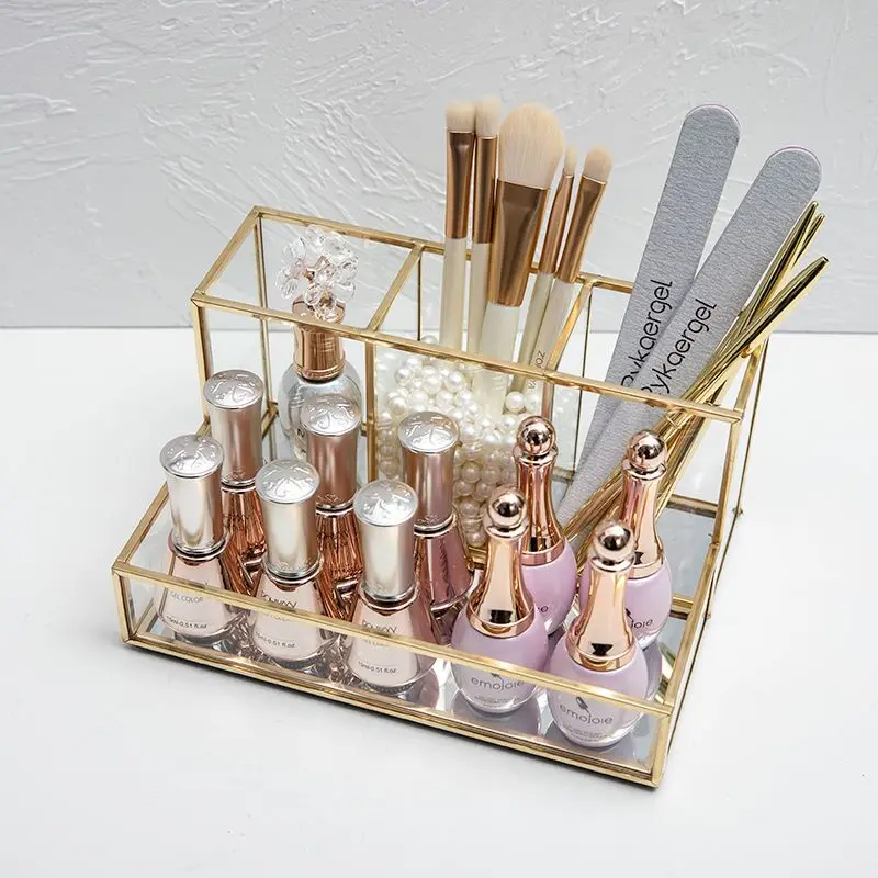 

Glass Makeup Organizer Golden Cosmetic Storage Box Pencil Box Perfume Makeup Tools Lipstick Organizer