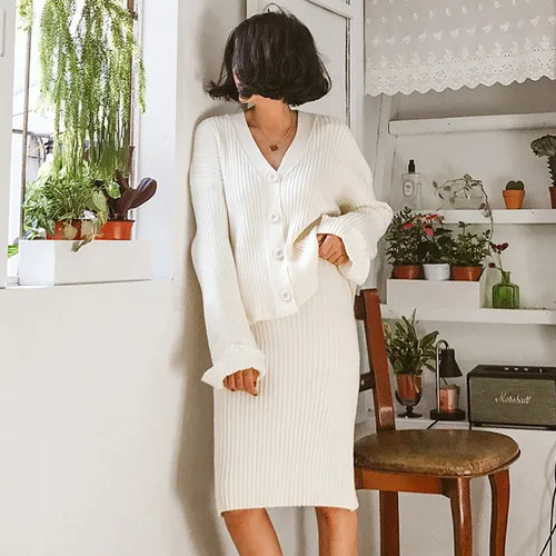 Женский винтажный Трикотажный костюм двойка кардиган с рукавами фонариками +