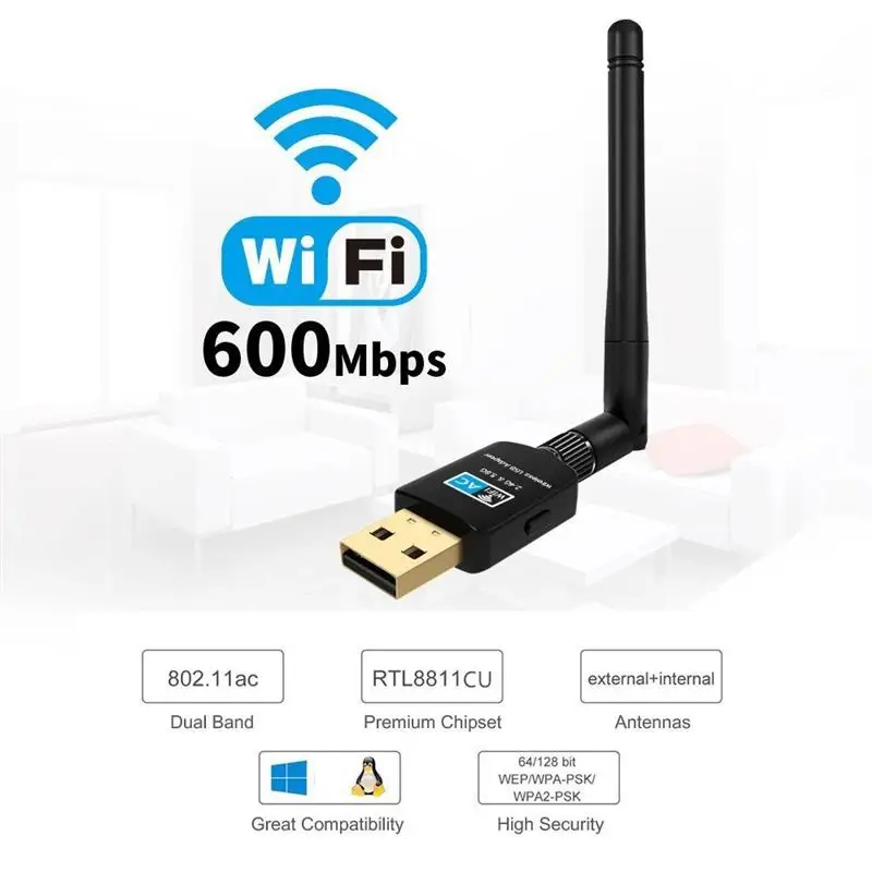 

USB WiFi Adapter External 2dbi Antenna Dual Band 2.4GHz/5.8GHz WiFi Card for Desktop Laptop Support Windows XP/Win7/8/10