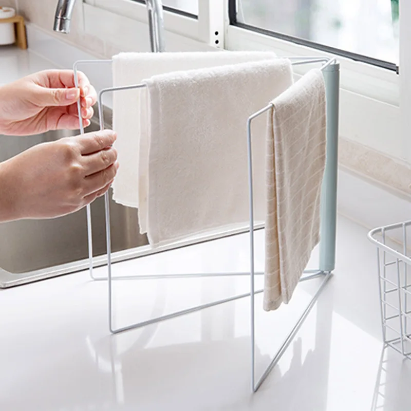 Folding Rag Rack Kitchen Towel Cloth Shelf Stand Bathroom Free Punching Tabletop Drying Space Saver |