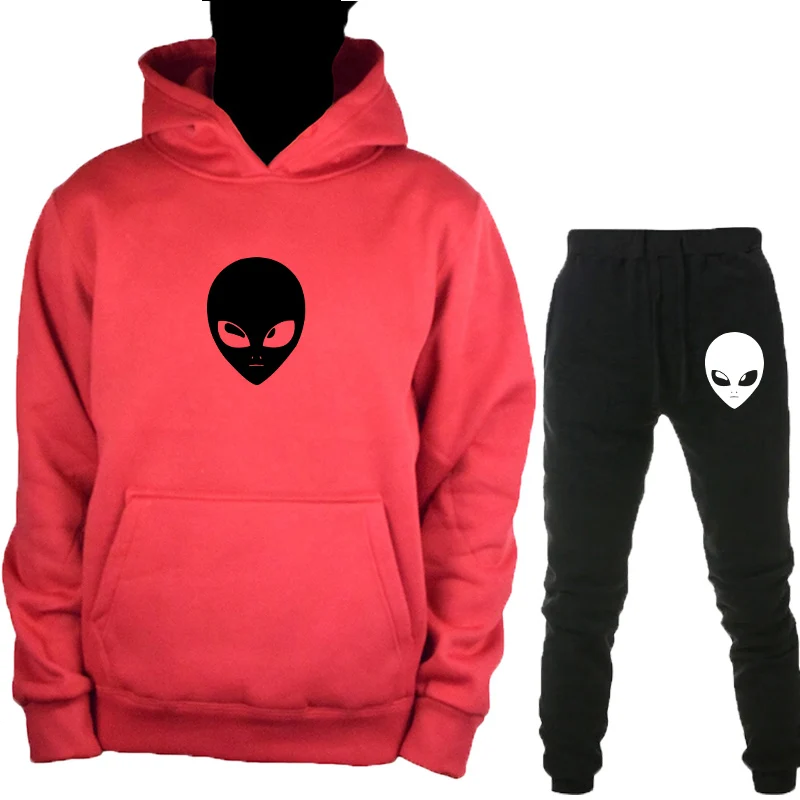 Red-H-HeiK Alien толстовка с капюшоном+ брюки костюм для мужчин женщин осень зима пуловер Толстовка Топы с принтом по всему миру спортивный костюм повседневная одежда - Цвет: Red-H-HeiK