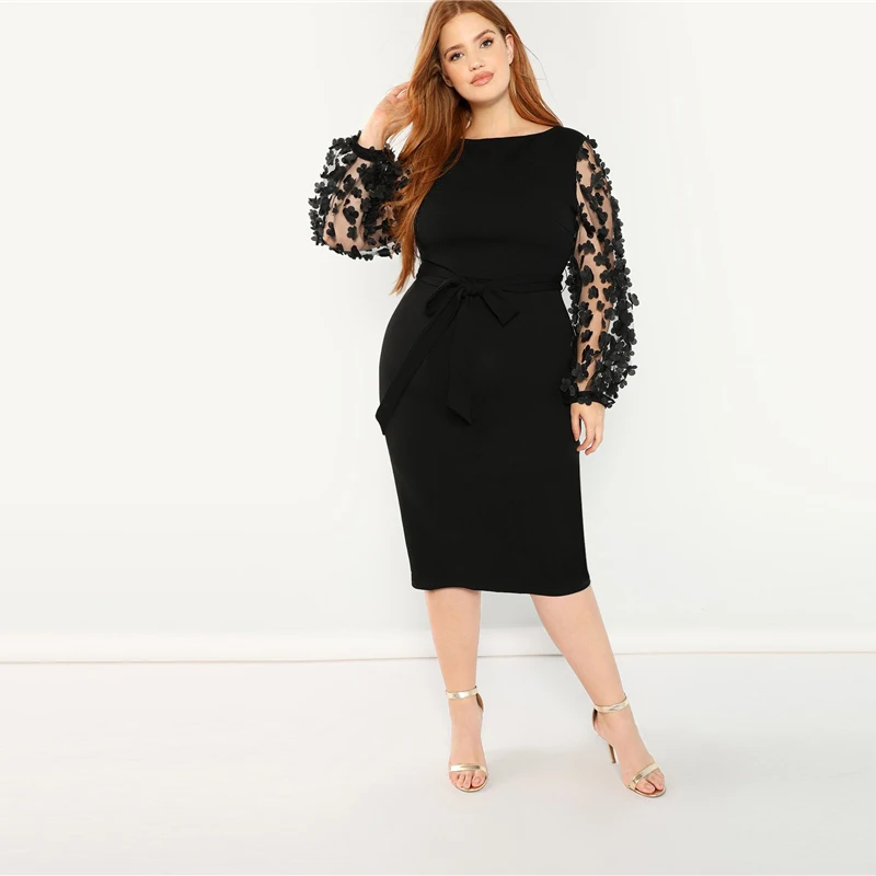 SHEIN Размера Плюс Платье Карандаш С Поясом Сетчатым Рукавом И 3D Вставкой Женские Романтические Элегантные Платья с Высокой Талией