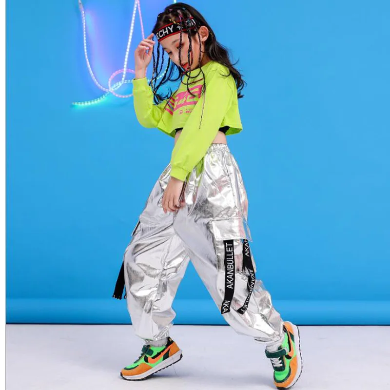 Детская одежда в стиле хип хоп Зеленый свитер Укороченный топ Повседневные штаны