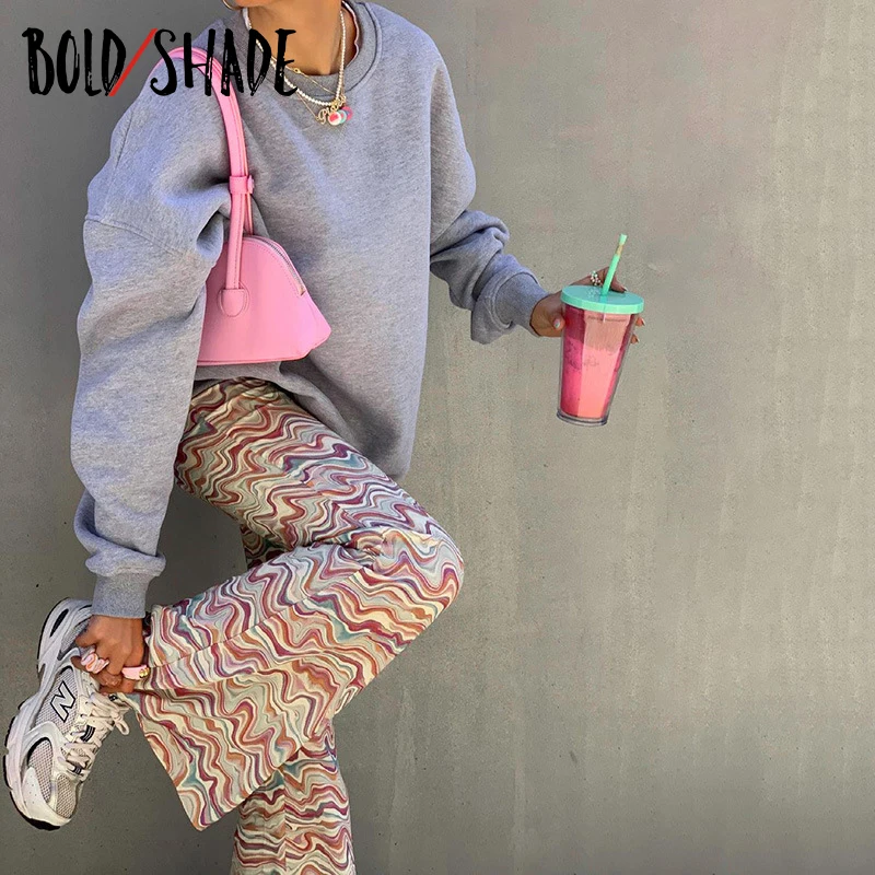 

Bold Shade Streetwear 90s Urban Style Pants Wave Cut Print High Waist Skinny Boot Cut Pants Y2K Indie Grunge Trousers 2021 New