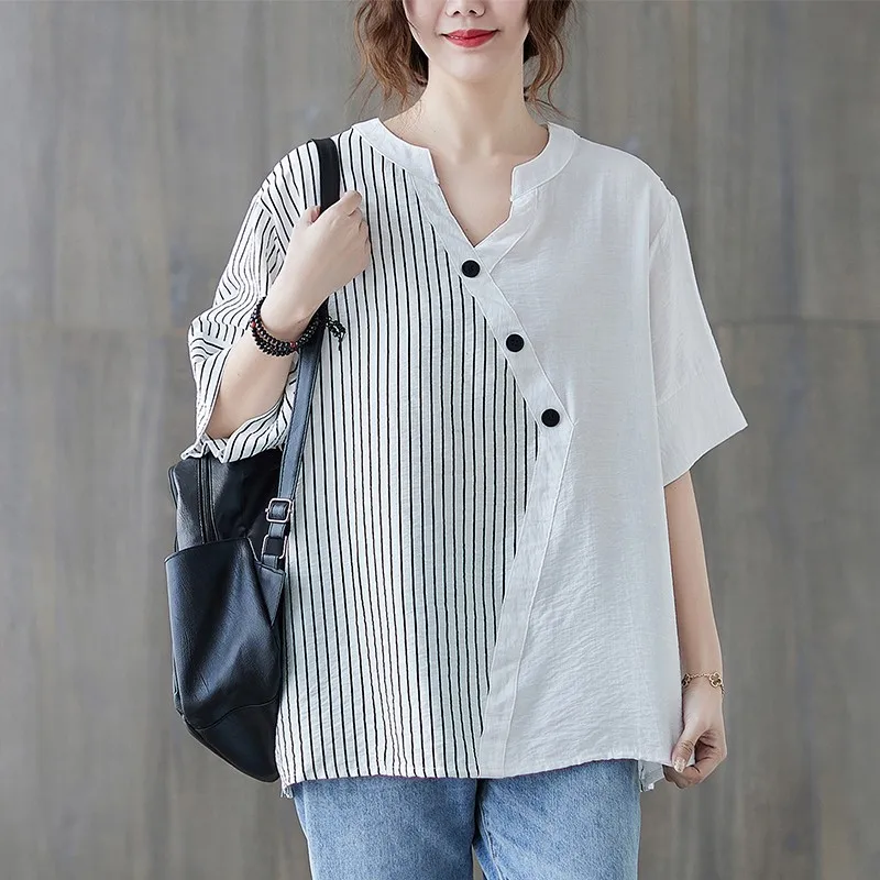 

Women Cotton Casual T-shirts New Arrival 2021 Summer Simple Style Vintage V-neck Striped Loose Female Tops Tees B027