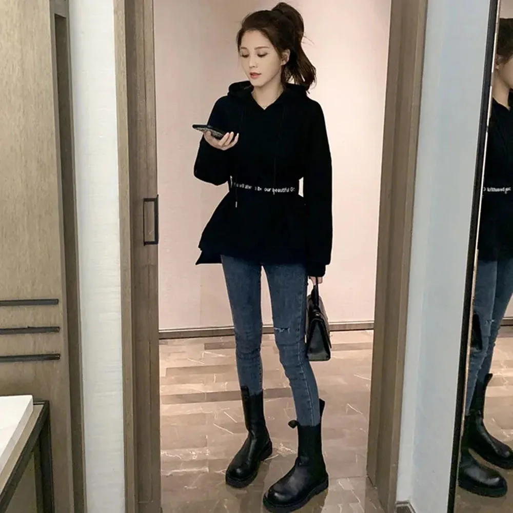 

Spring Autumn New Fashion Women's Long Hoodie Long Sleeve Letter Embroidery Printing Belt Slim Pullover Sweatshirt Sportswear