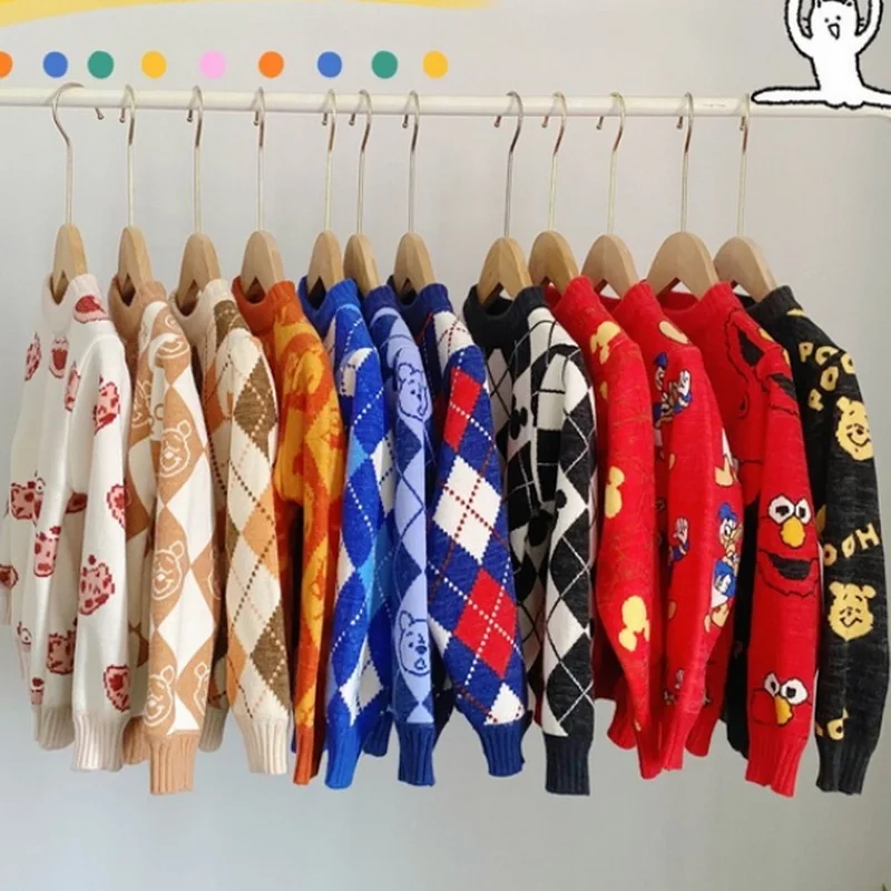 Su&eacute;ter de oto&ntilde;o para ni&ntilde;os y ni&ntilde;as, Jersey de punto con dibujos de pato, oso, rat&oacute;n y cuadros, ropa informal, E2600, novedad de 2021-3