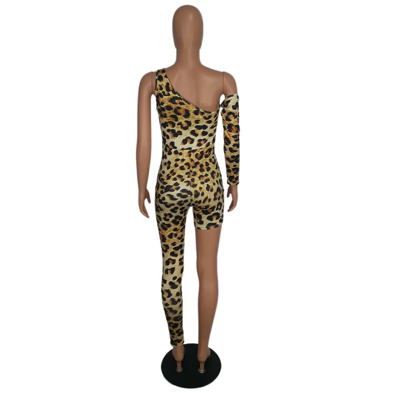 

Leopard Print Vintage Party Overalls For Women One Shoulder Backless Fitness Romper Casual Ladies Full Sleeve Asymmetry Jumpsuit