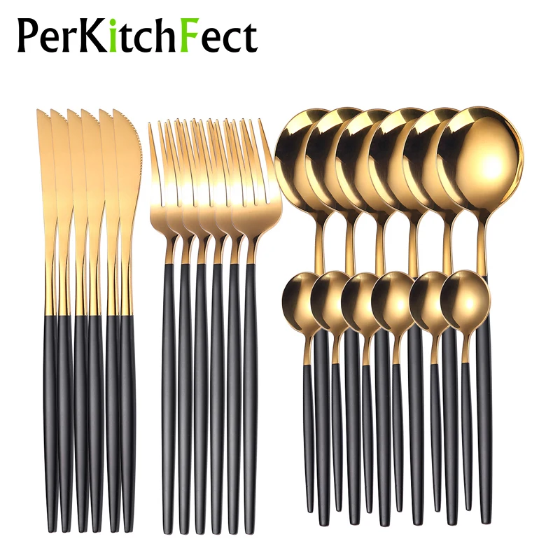 

24pcs Gold Dinnerware Set Mirror Tableware Set Dinner Cutlery Set Stainless Steel Knife Fork Spoon Tableware Safe Flatware Set