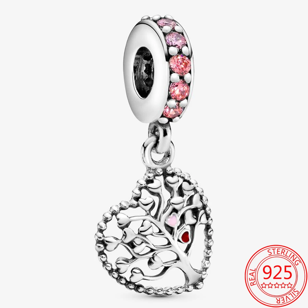 S925 Стерлинговое Серебро с розовой и красной эмалью подвеска в виде семейной елки