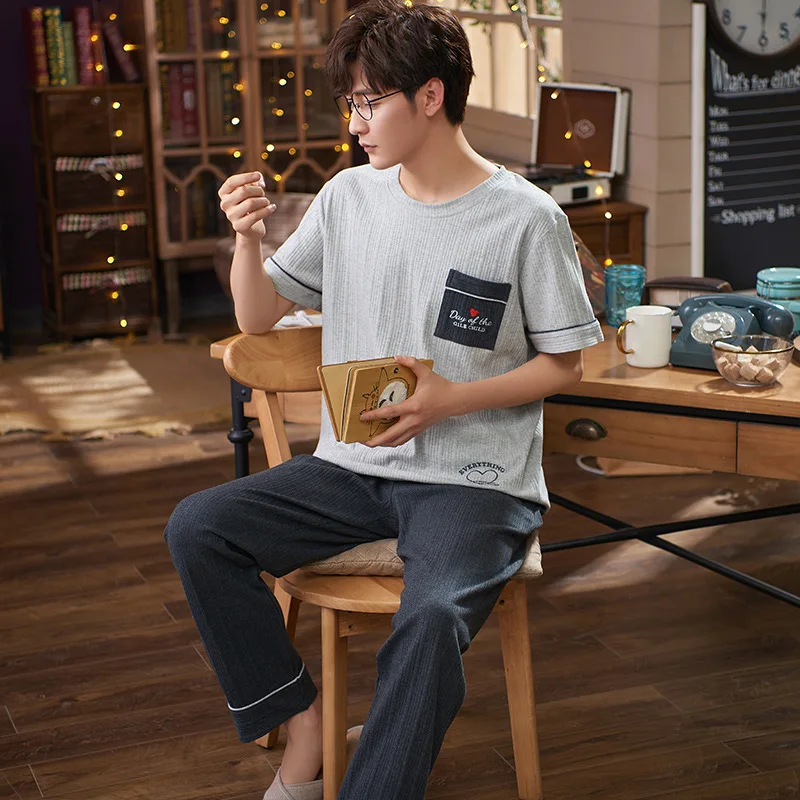 

Summer Men's Pajamas Set Cotton Big Size Nightwear Short Top Casual Sleepwear Simple Blue Male Loungewear Loose Male Homewear