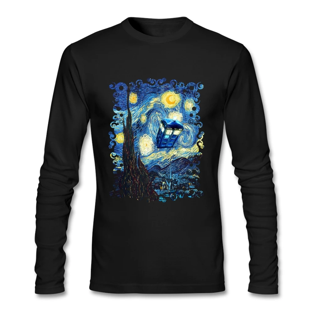 Удобная мужская футболка с телефонной будкой Доктор Кто Ван Гог Звездная ночь 100%