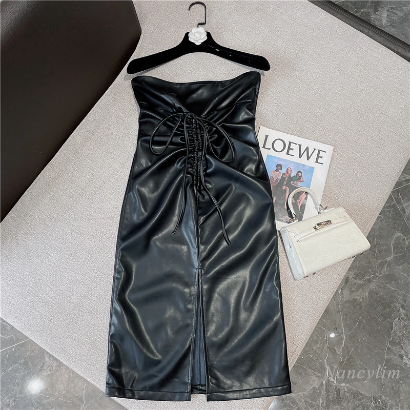 

Sexy Leather Dress for Women 2021 Autumn and Winter New European Style Drawstring Strapless Black Slim Fit Bodycon Dresses Femme