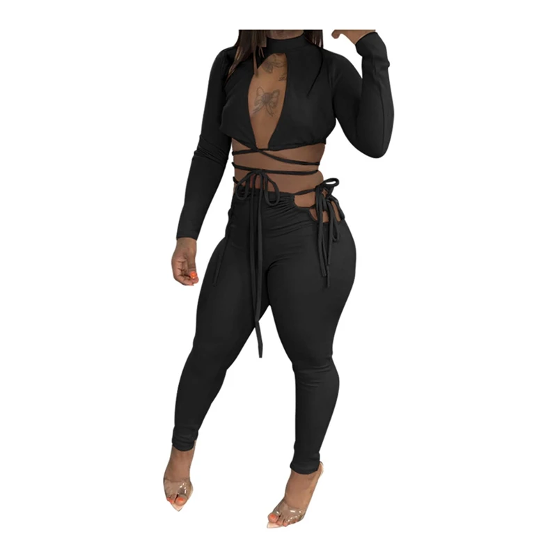 

Sexy 2 Piece Set Bandage Hollow Out Crop Top Fitness Pants Women Festival Outfits Birthday Party Wear Club Matching Sets