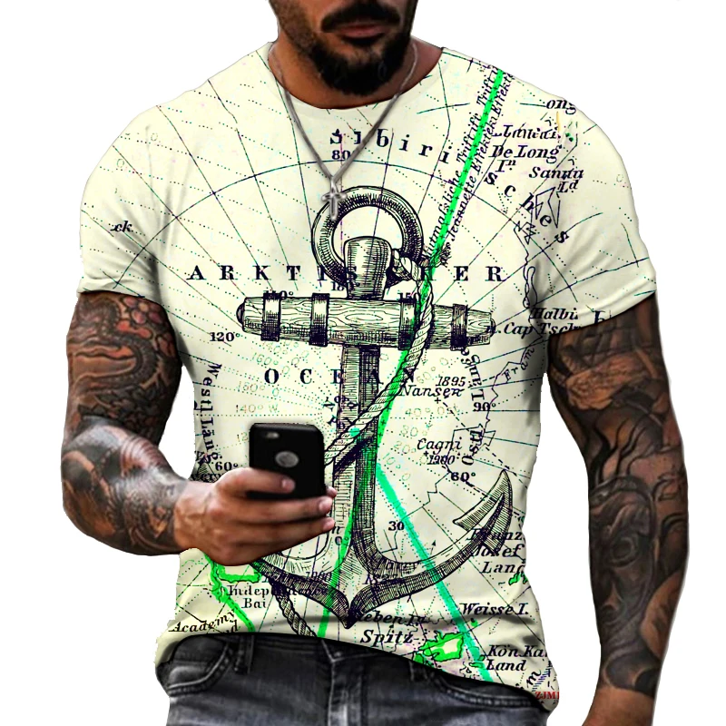 

Sailor Pirate Anchor Print2022 New Summer Men's T-shirt Fashion Casual Oversized Short-sleeved Lycra Cotton High-quality Fabric