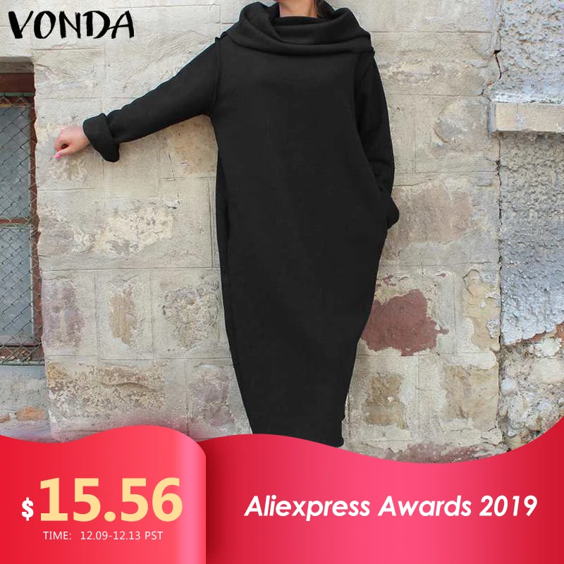 Осеннее платье с капюшоном и длинным рукавом VONDA, Женское зимнее однотонное повседневное Свободное длинное платье Vestidos, женское платье размера плюс 5XL