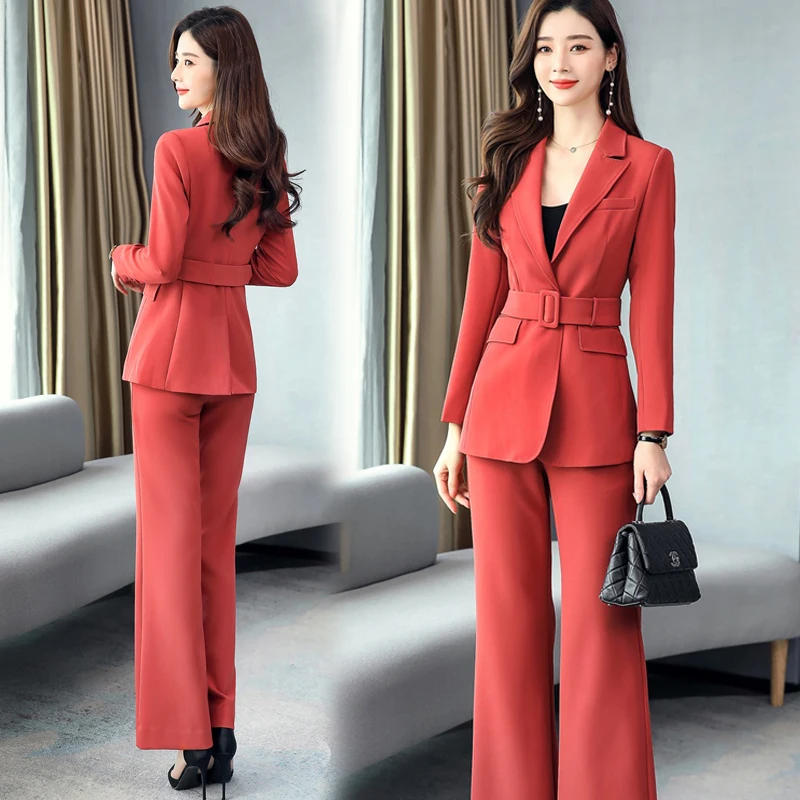 Женский брючный костюм из двух предметов Офисная однотонная блузка с длинным