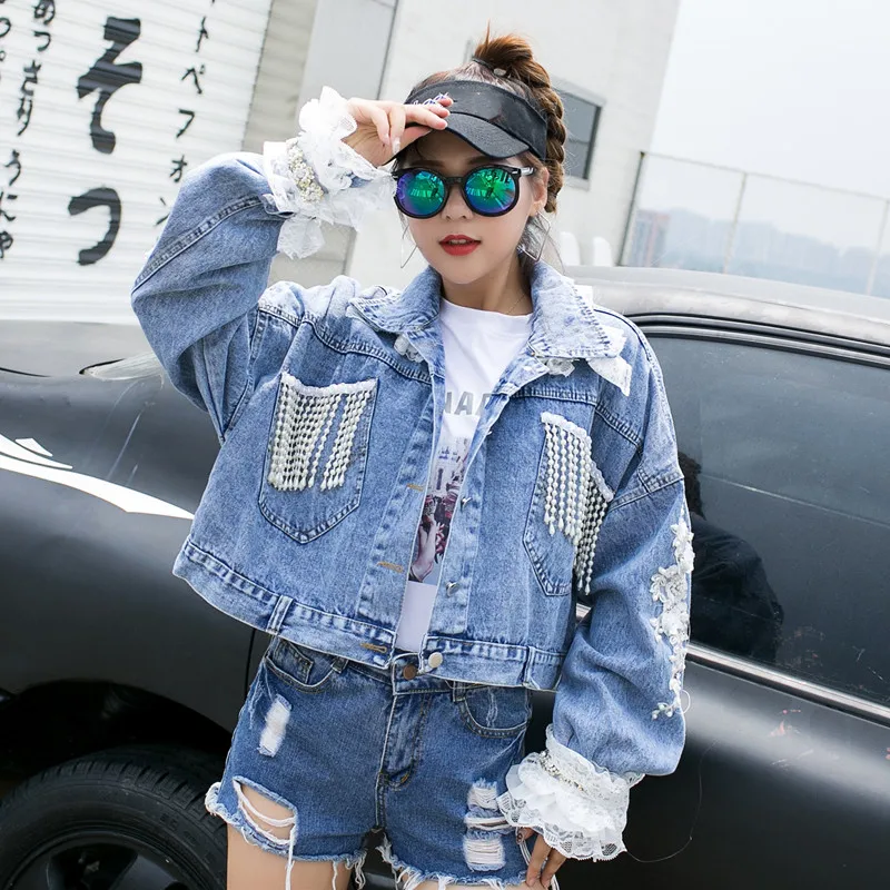 

Spring And Autumn Loose Lace Embroidery Denim Jacket Pearls Tassel Beads Women's Top Long Sleeve All-Matching Jean Short Coats
