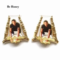 hip hop customized picture with words trapezium shape bamboo style acrylic earrings personalized photo name letters jewelry gift