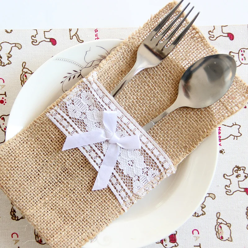 

10pcs Cutlery Pouch Holder Bag Burlap Lace Rustic Wedding Birthday Party Tableware Decoration Hessian Jute Knife Fork Holder Bag