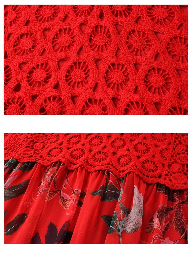 

Summer floral print chiffon dress lace crochet patchwork loose V-neck holidays dress big bottom midi party dress plus sizeXL-4XL