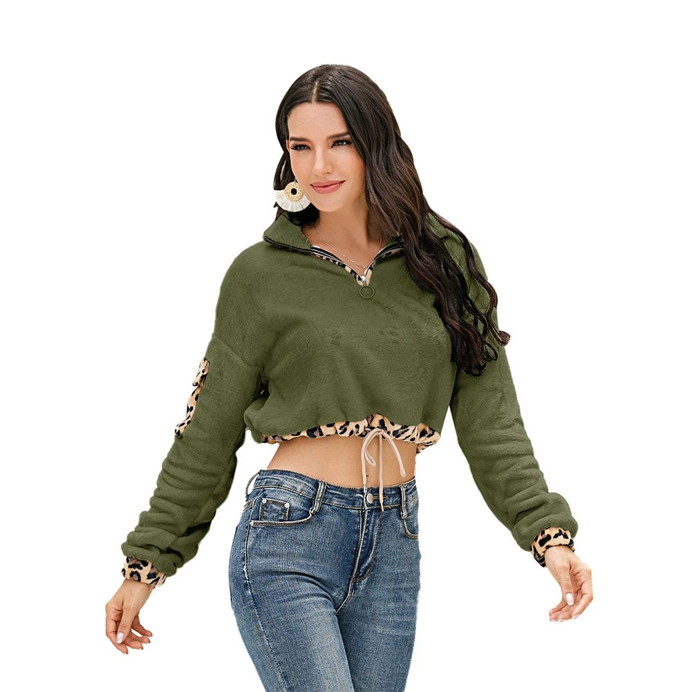 

New Fashion Leopard Patchwork Hoodies Women Turn-Down Collar Long Sleeve Crop Top Female Spring Autumn Drawstring Plush Tops