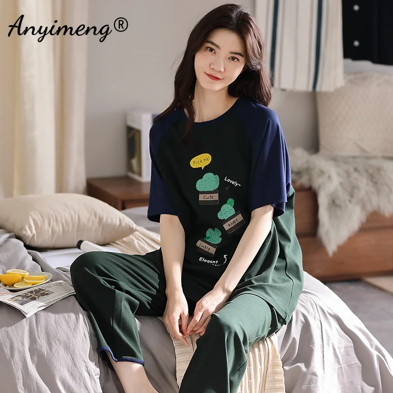 

Two Piece Set Summer Woman Pijama Set 100% Cotton Sleepwear Pullover Leisure Home Clothing Patchwork Sleeves Soft Pajamas Set
