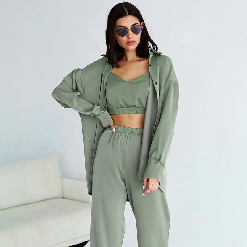 

QWEEK 3 Pieces Women's Pajamas Set Design Luxury Solid Sleepwear Silk Like Home Clothes Nightwear Pijamas Feminino Trouser Suits